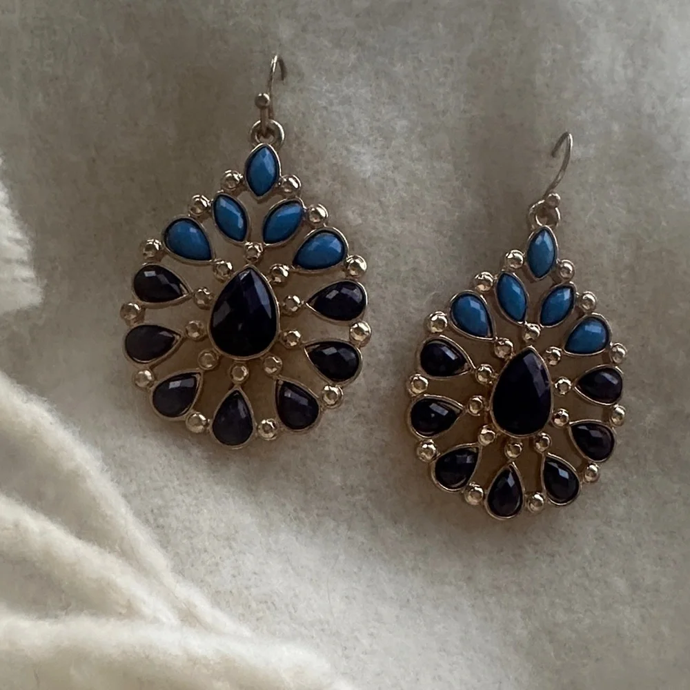 Blue and Black Faceted Teardrop Earrings